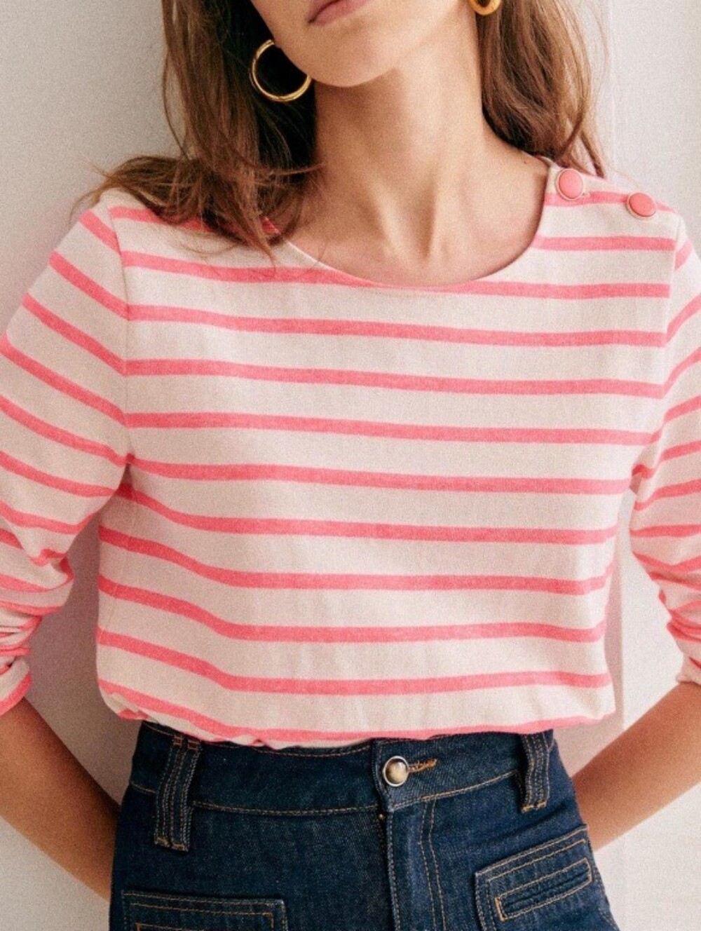 Sezane Pink & White Striped Button-Shoulder Long Sleeve Tee